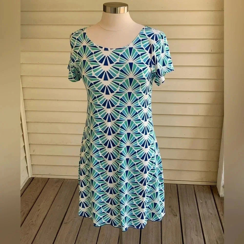 Zen Knits Dress Knee Length  Abstract Geometric Fan Print Blue Green Size Medium